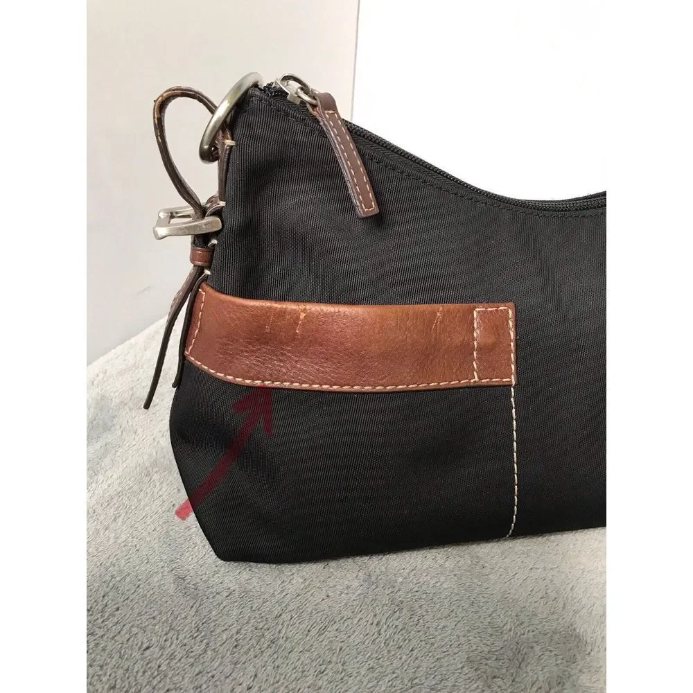 Fossil‎ Tan Black Nylon Leather Trim Shoulder Bag Handbag Hobo Purse READ